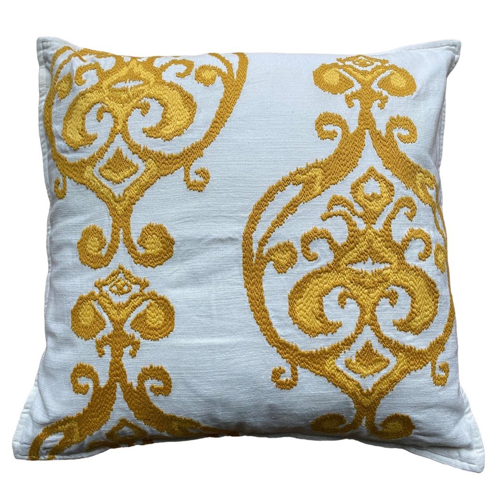 Pottery Barn Pelham Ikat Embroidered Pillow Down Insert 24 x 24" Mustard White